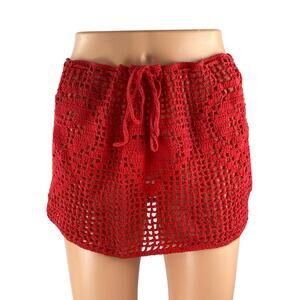 Memorial Day Red Open Crochet Knit Heart Tie Beach Cover Up Mini Skirt Size 2
